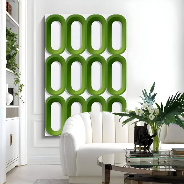 A modern living room with a white curved sofa, glass coffee table, vase of foliage, and the Giant Sculptures Revela White & Green Geometric Wood Relief 3D Wall Art - a bold touch of contemporary décor.