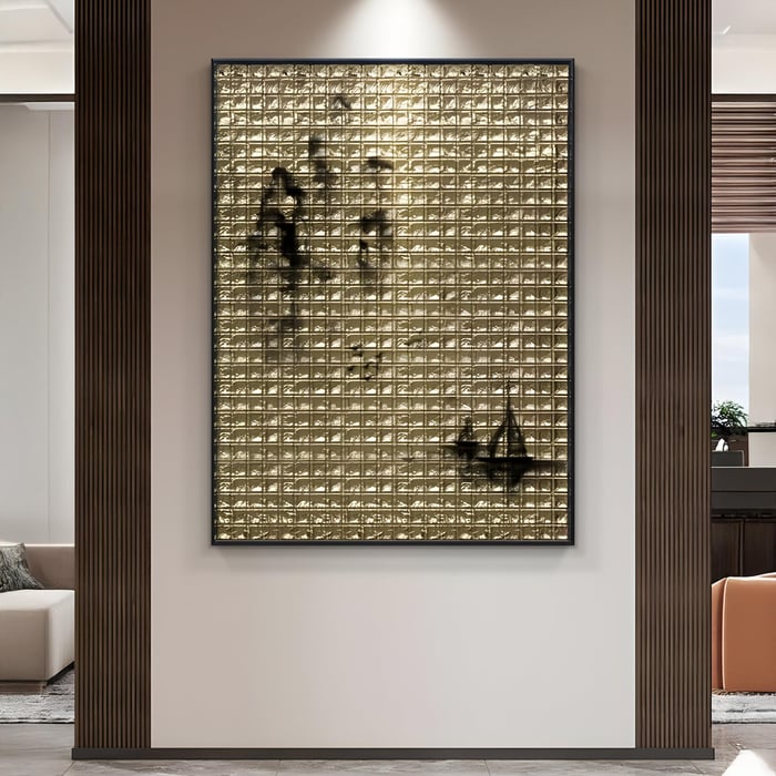 A sophisticated hallway features a large golden grid wall piece, with a subtle seascape impression, including a delicate sailboat silhouette—luxury and calm in equal measure.