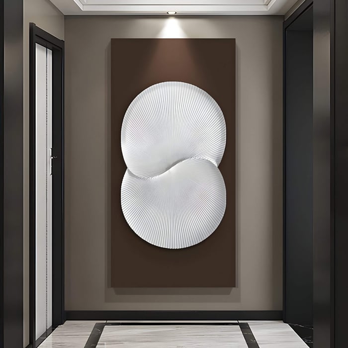 A modern hallway features the Artivio Dark Brown & White Wood Relief 3D Wall Art by Giant Sculptures, highlighting minimalist design. The neutral walls and light marble-patterned tiles elegantly contrast with doors flanking each side.