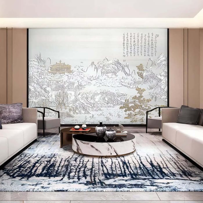 Oversized panoramic wall mural with delicate landscape illustration in a spacious modern living room.