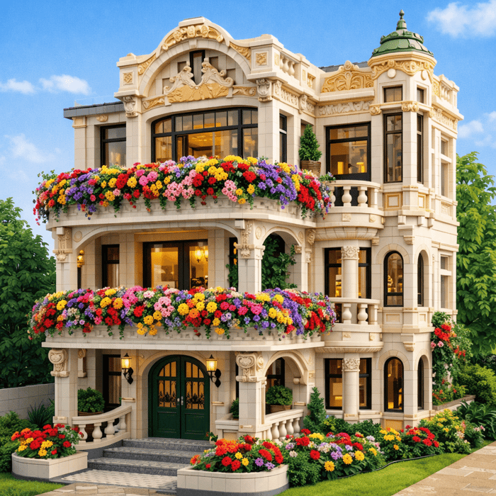 A modernist-style LEGO house with flowers on the balconies