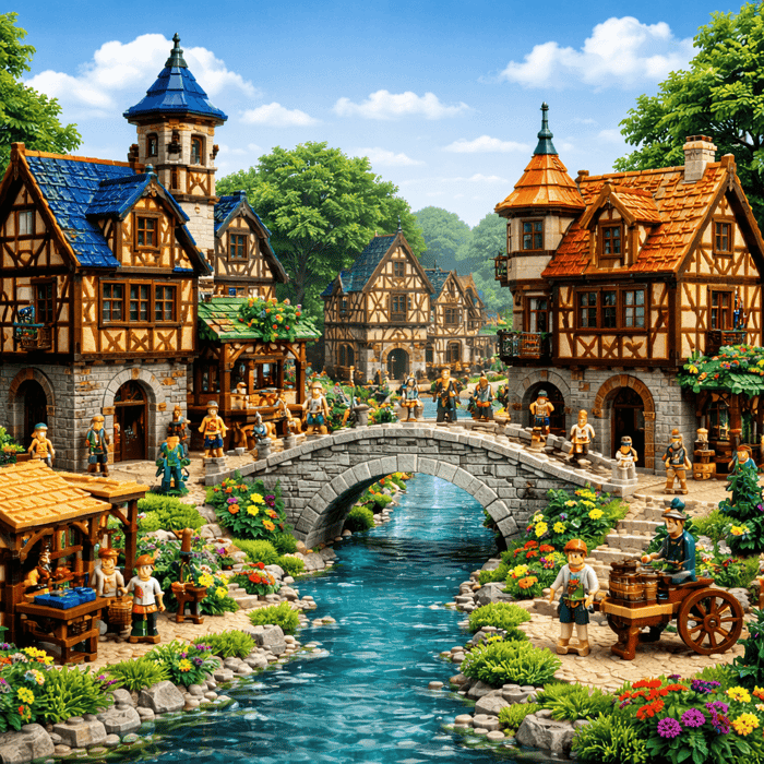 a LEGO-style medieval village with a river and bridge.