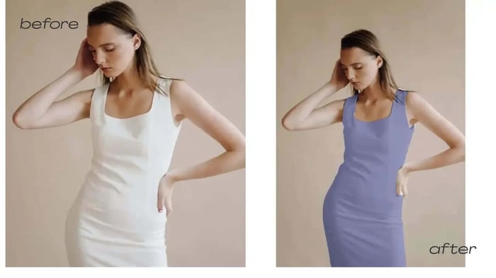 How to change color of clothes: before and after using AI to recolor a dress from white to blue