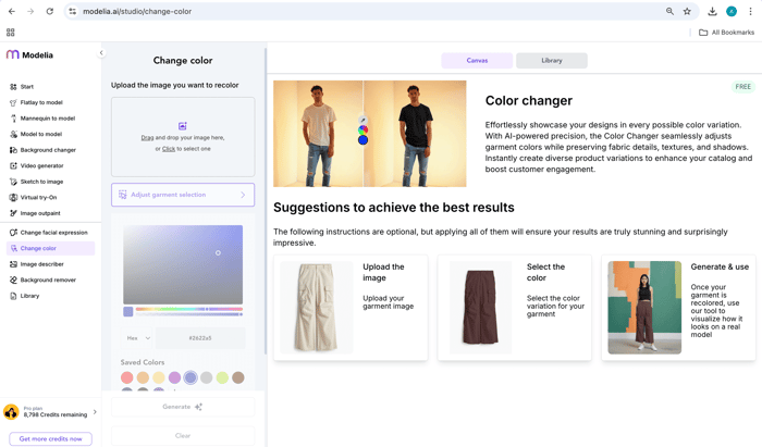 modelia website recoloring tool