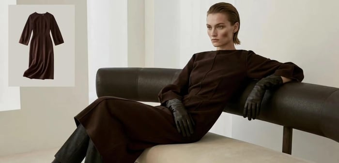 Virtual try-on image featuring an AI model wearing a dark brown, long-sleeve midi dress with black leather gloves, seated on a modern leather bench, alongside a product image of the dress on a clean white background.