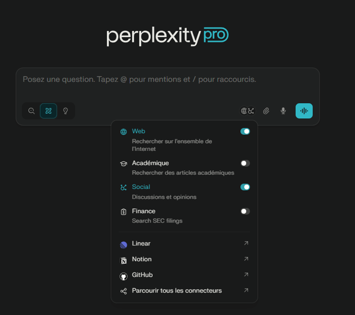 Capture d'écran de l'interface de Perplexity AI montrant les options de recherche.