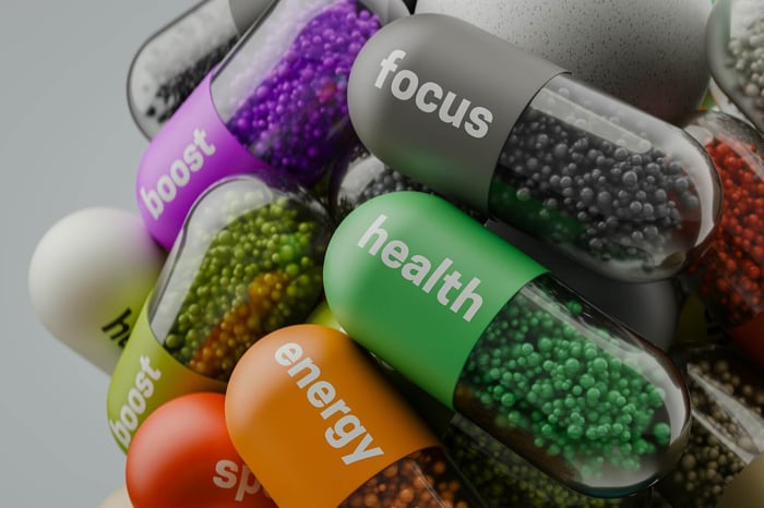A graphic with different pills representing different focuses, like health, energy, focus, and diet