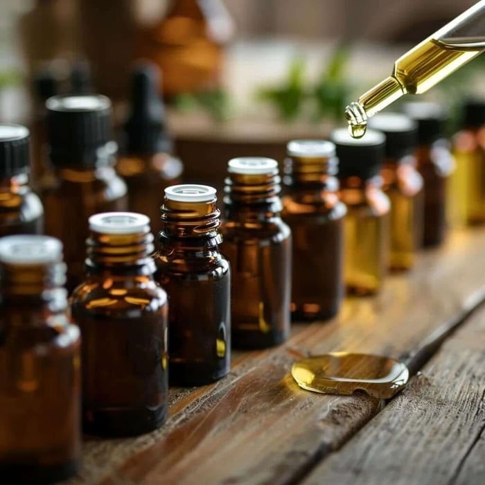 Various essential oils for carpet fresheners displayed on a wooden surface