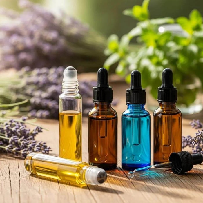 Rollerball and dropper essential oil bottles on a wooden table with lavender and peppermint plants