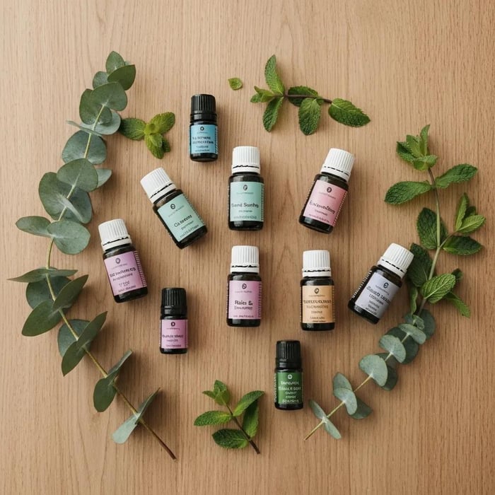 Bottles of eucalyptus and peppermint essential oils used to support clear breathing