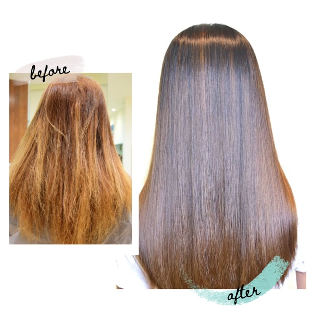 Client's hair transformation, highlighting the effective results of a Keratin treatment service.