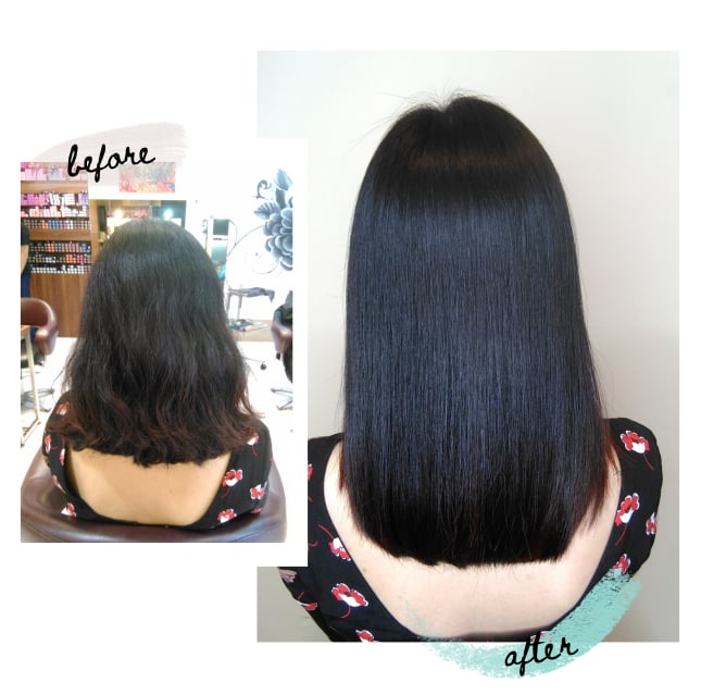 Before-and-after image demonstrating how a Japanese soft rebonding treatment service tames frizz.