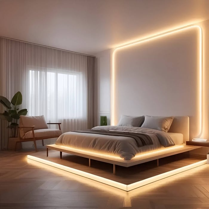 Minimalist bedroom with warm LED strip lights outlining the bed platform and headboard, creating a soft ambient glow.