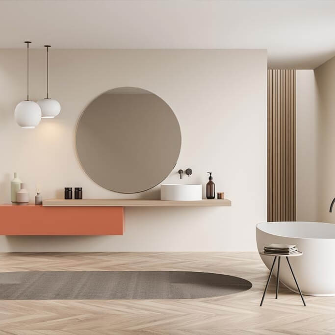 Minimalist spa-style bathroom lights with round mirror, twin pendant lights, floating vanity shelf, and freestanding bath.