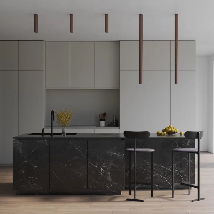 A modern kitchen space with bold contrasts and minimalist vertical kitchen lights that elevate the clean architectural lines.