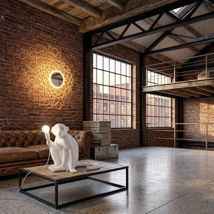 A whimsical white monkey sculpture lamp holding a lightbulb on a rustic coffee table in an industrial brick-walled loft.