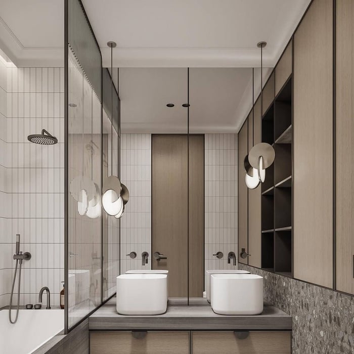 Elegant bathroom with dual sinks, pendant lighting, and a mix of tile and wood finishes.