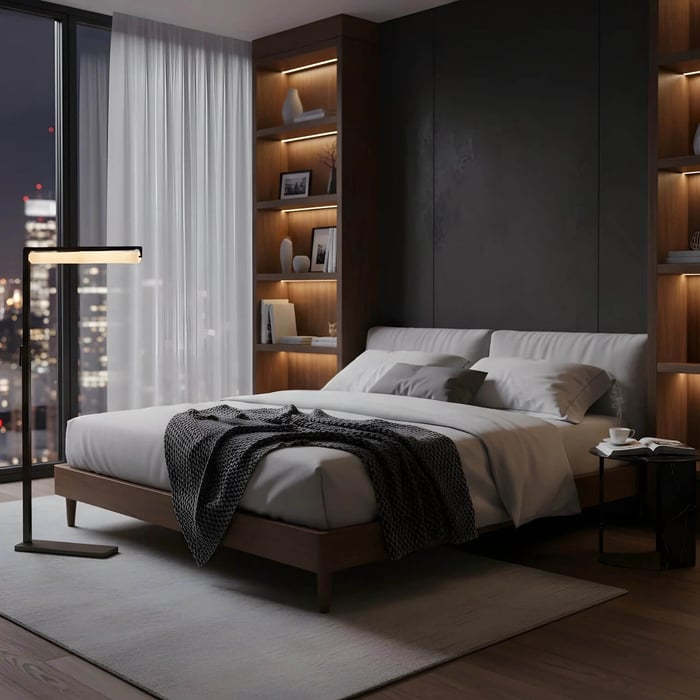 Contemporary bedroom with low platform bed, wooden shelving and slim modern floor lamp beside floor-to-ceiling city view window.