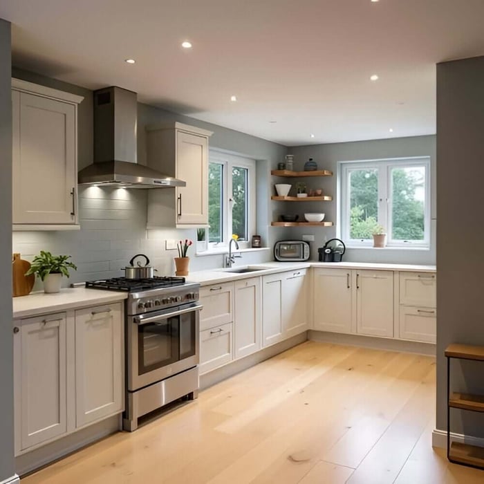 Light grey shaker-style kitchen with recessed ceiling downlights, stainless range cooker, and open shelves by the window.