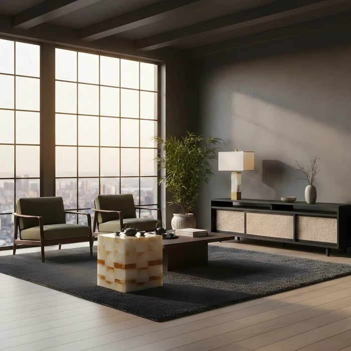 Modern living room with alabaster cube coffee table, matching alabaster table lamp on a black sideboard, and large grid window overlooking the city skyline.