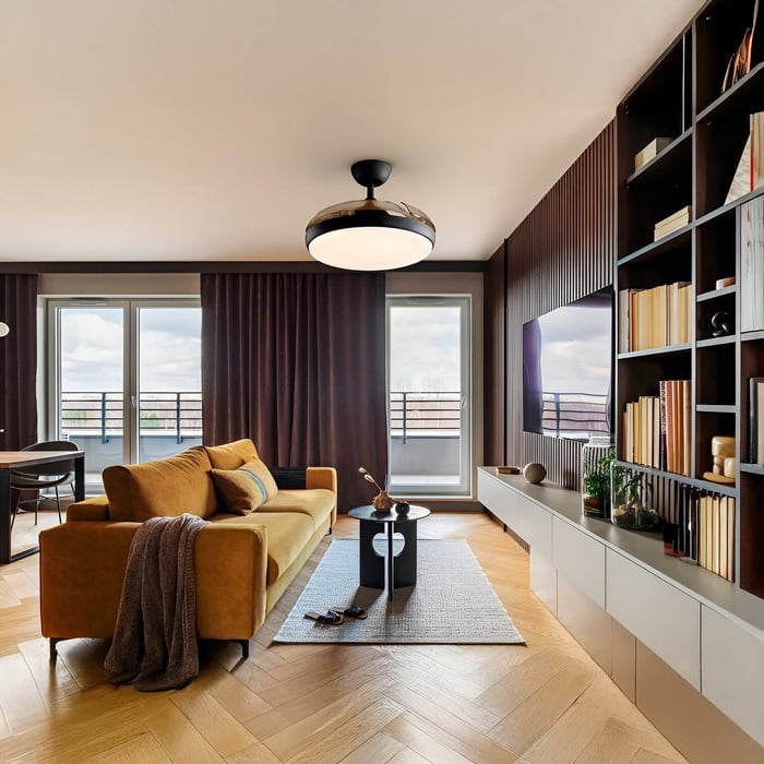 Modern flush-mount ceiling fan with integrated light in a warm-toned living room.