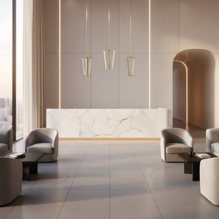 Contemporary lobby with marble reception desk, vertical pendant lights, and warm indirect architectural lighting.