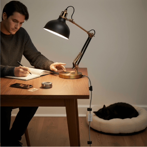 Man writing in a notebook under a black and brass adjustable desk lamp on a wooden desk with a cat sleeping nearby.