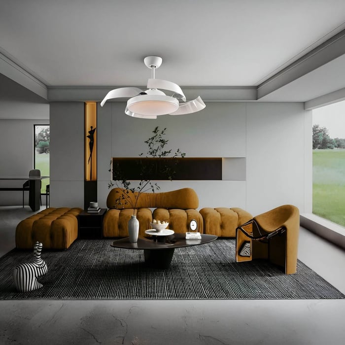Contemporary white ceiling fan with curved blades and light in a modern lounge.