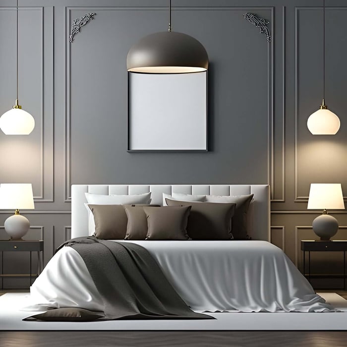 Classic bedroom with dome pendant, bedside lamps, and matching globe pendant lights.