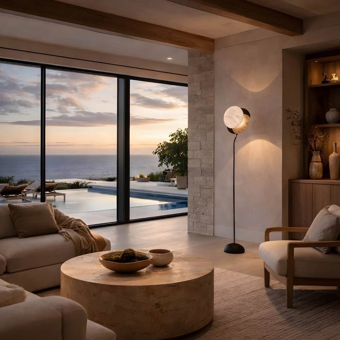 Contemporary living room with marble globe floor lamp and ocean sunset view through sliding glass doors.