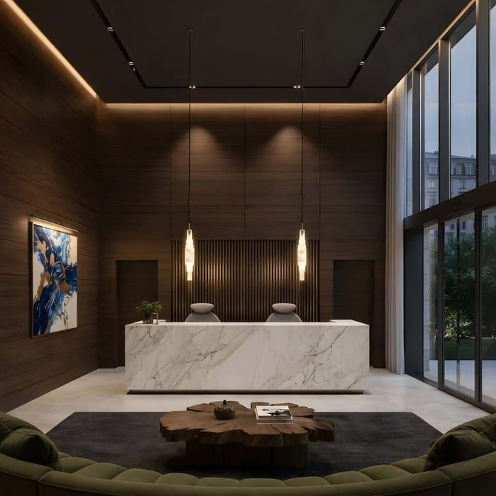 Modern reception area with two hanging alabaster pendant lights above marble front desk and wood panelled walls.