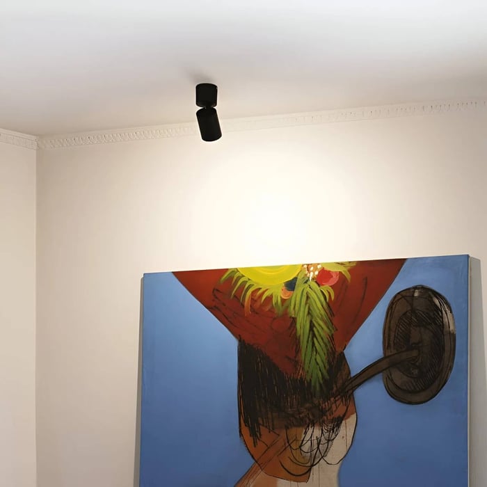 White room with a black ceiling spotlight aimed at a large colorful artwork, creating focused accent lighting.