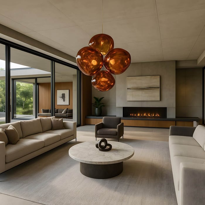  Sophisticated living area with amber pendant chandelier, two beige sofas, a fireplace, and floor-to-ceiling windows.