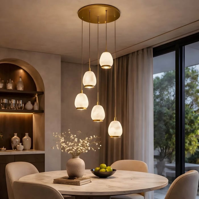 Clustered alabaster pendant lights with brass detailing above a round dining table in a contemporary interior.