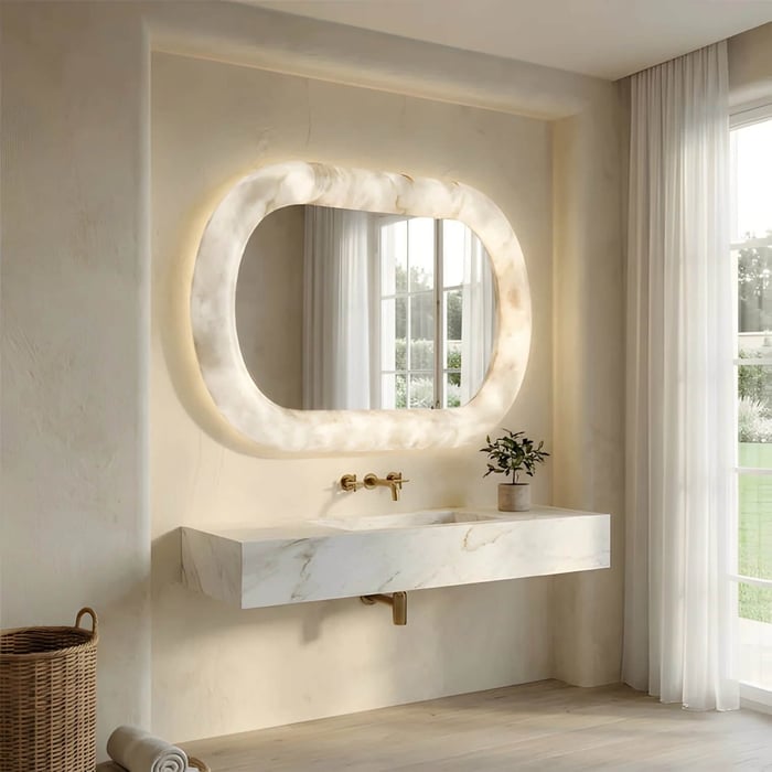 Oval alabaster mirror with illuminated stone frame above marble floating vanity in bright bathroom.