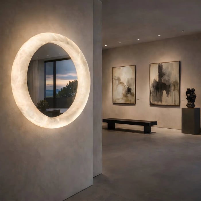 Round alabaster mirror with glowing stone frame mounted on gallery wall in minimalist interior.