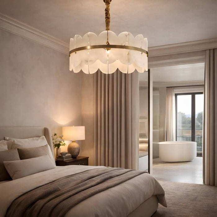 Sophisticated bedroom with sculptural alabaster chandelier, bedside lamp, and open ensuite bathroom.