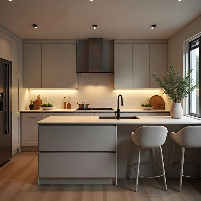 Neutral-toned kitchen with ceiling downlights, warm under-cabinet LED strips, and a clean island workspace.
