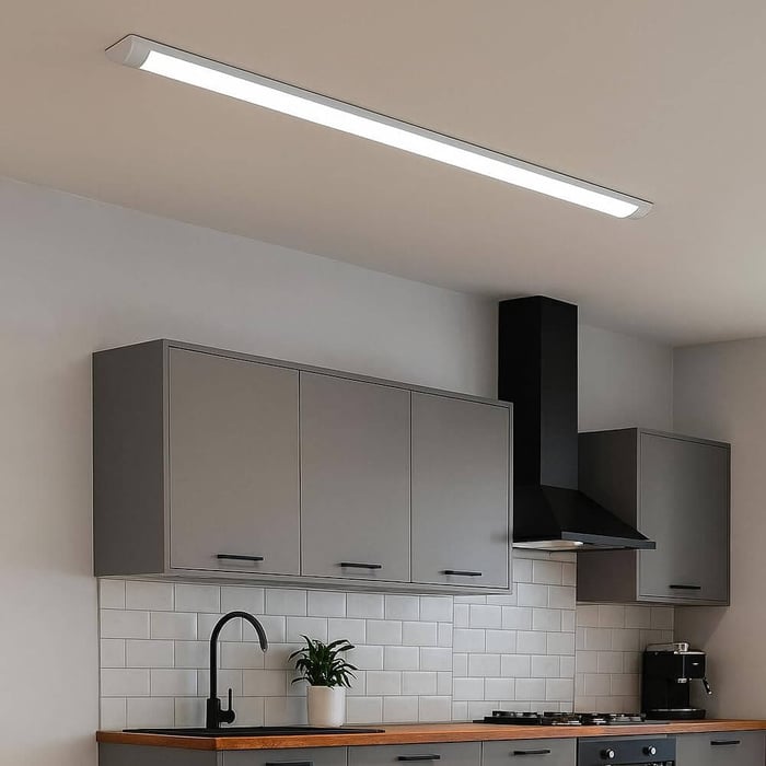 Batten Lights over a contemporary kitchen providing bright task lighting.