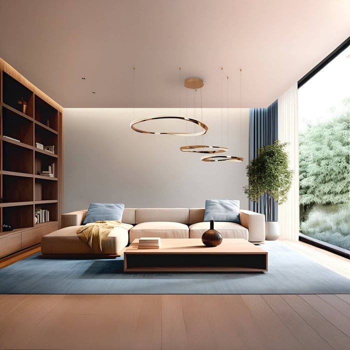 Minimalist living room with cascading gold ring LED lights above a cream sectional sofa and blue rug.