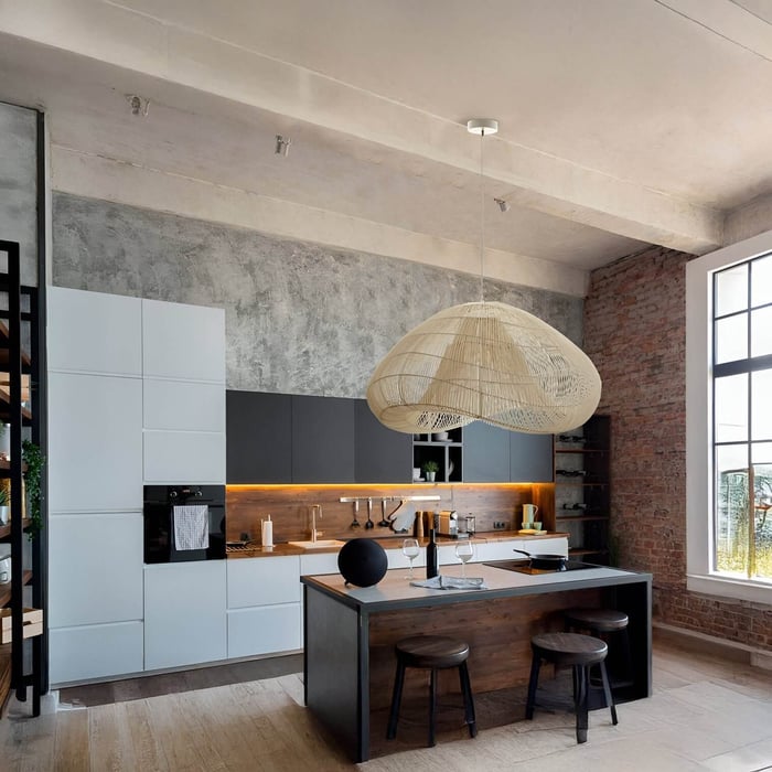 Open-plan kitchen with rattan pendant light, concrete walls, and wood-accented island with two stools.