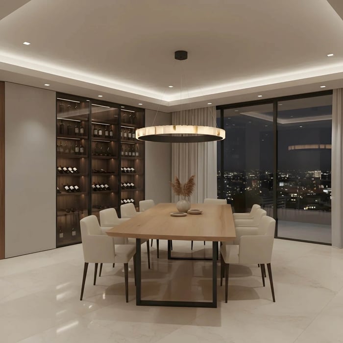 Modern dining room with circular alabaster chandelier above wooden table, upholstered chairs, built-in wine display and floor-to-ceiling city view windows at night.