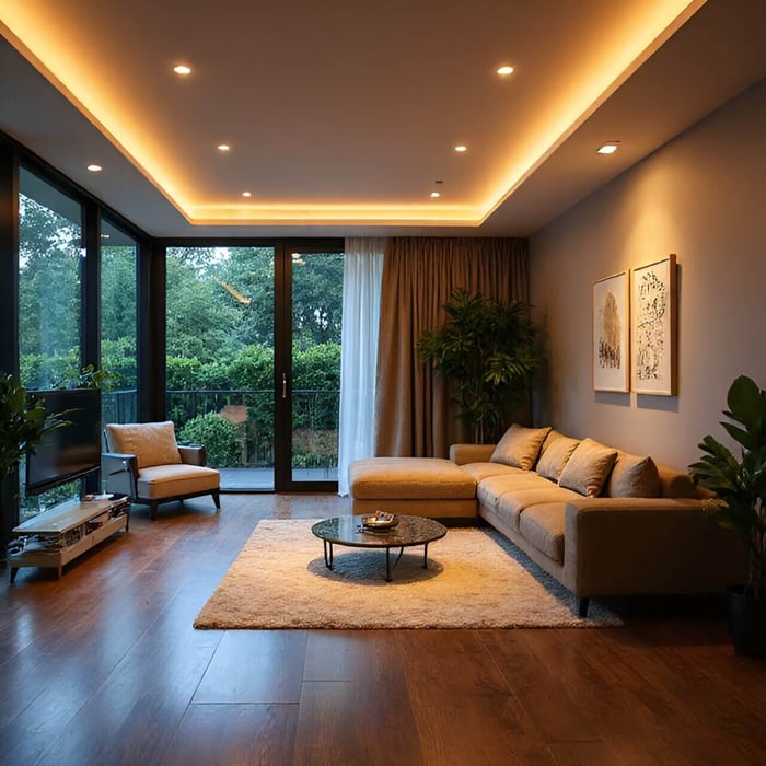 Spacious living room with sectional sofa, large windows, wood floors, and recessed ceiling lights with warm accent lighting.