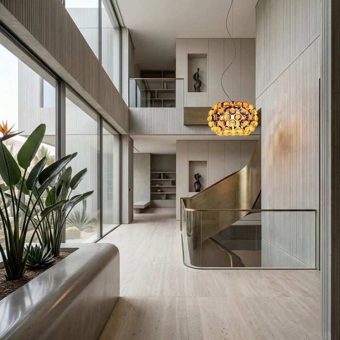 A dramatic, multi-level modern interior with fluted stone walls and a brass-finished staircase. A large, honeycomb-textured amber glass globe pendant light hangs in the center, casting a warm glow near floor-to-ceiling windows.