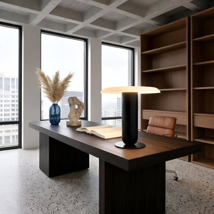 Contemporary office with a dark wood desk and shelving, large city-view windows, and a black cylindrical alabaster table lamp with a wide glowing shade illuminating an open book