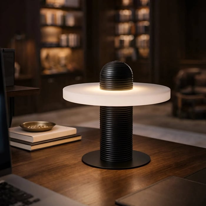 Close-up of a black ribbed table lamp with a circular glowing diffuser on a wooden desk, set against softly lit bookshelves in a moody study.
