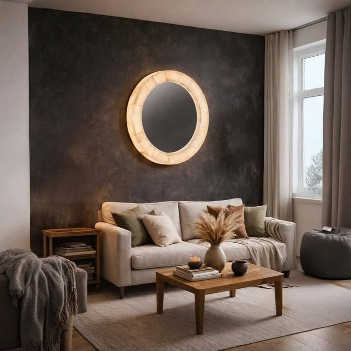 Round illuminated alabaster mirror mounted on a dark feature wall above a neutral sofa in a cosy modern living room.