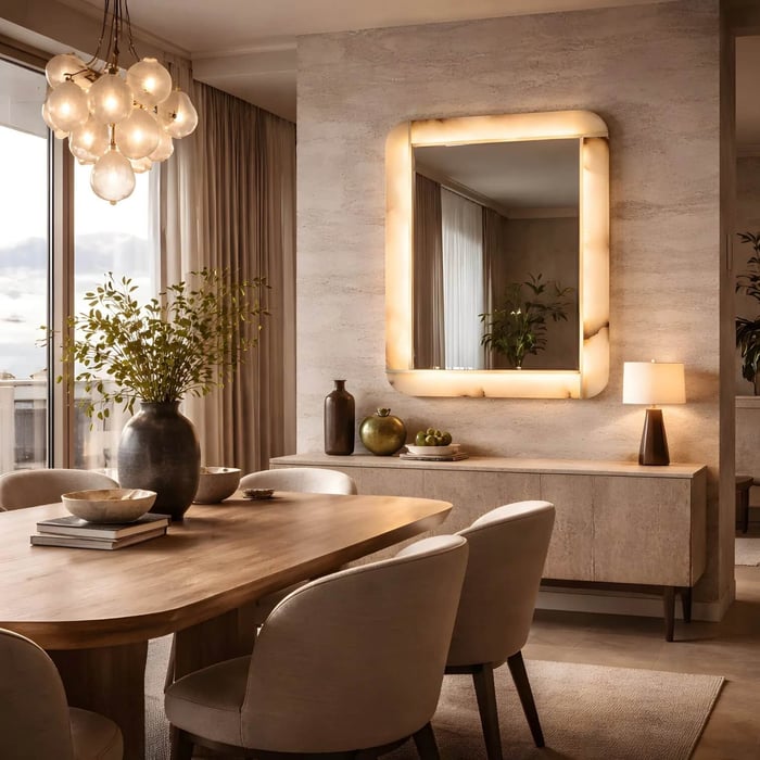 Rectangular alabaster mirror with soft backlighting above modern console in elegant dining space.