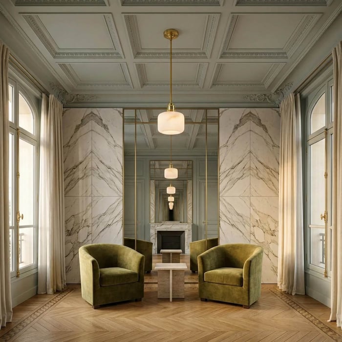 Elegant living room with alabaster pendant lighting hanging from a brass fixture above a marble-accented seating area..
