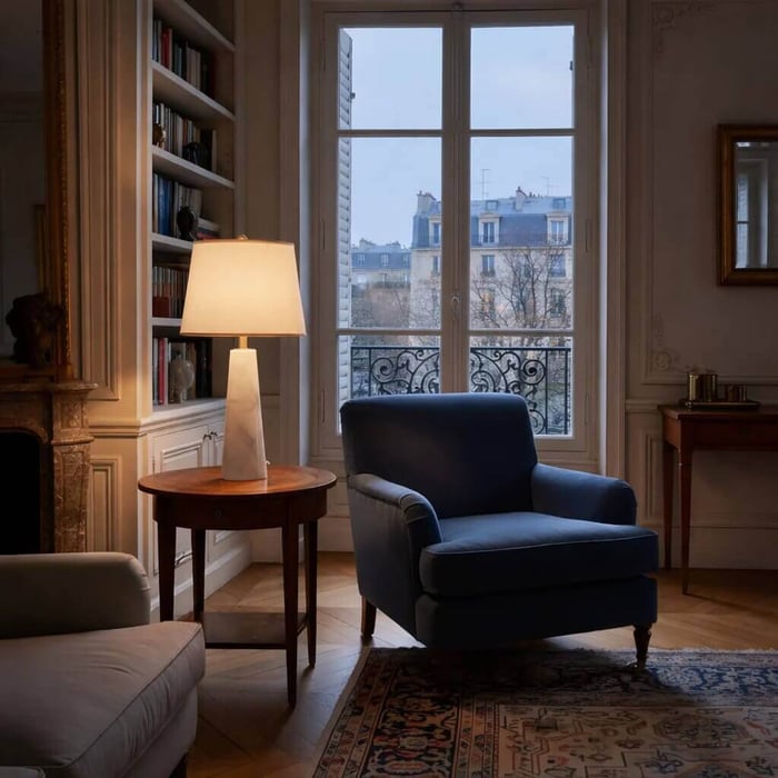 Parisian living room with a blue armchair and glowing table lamp by tall French windows at dusk.